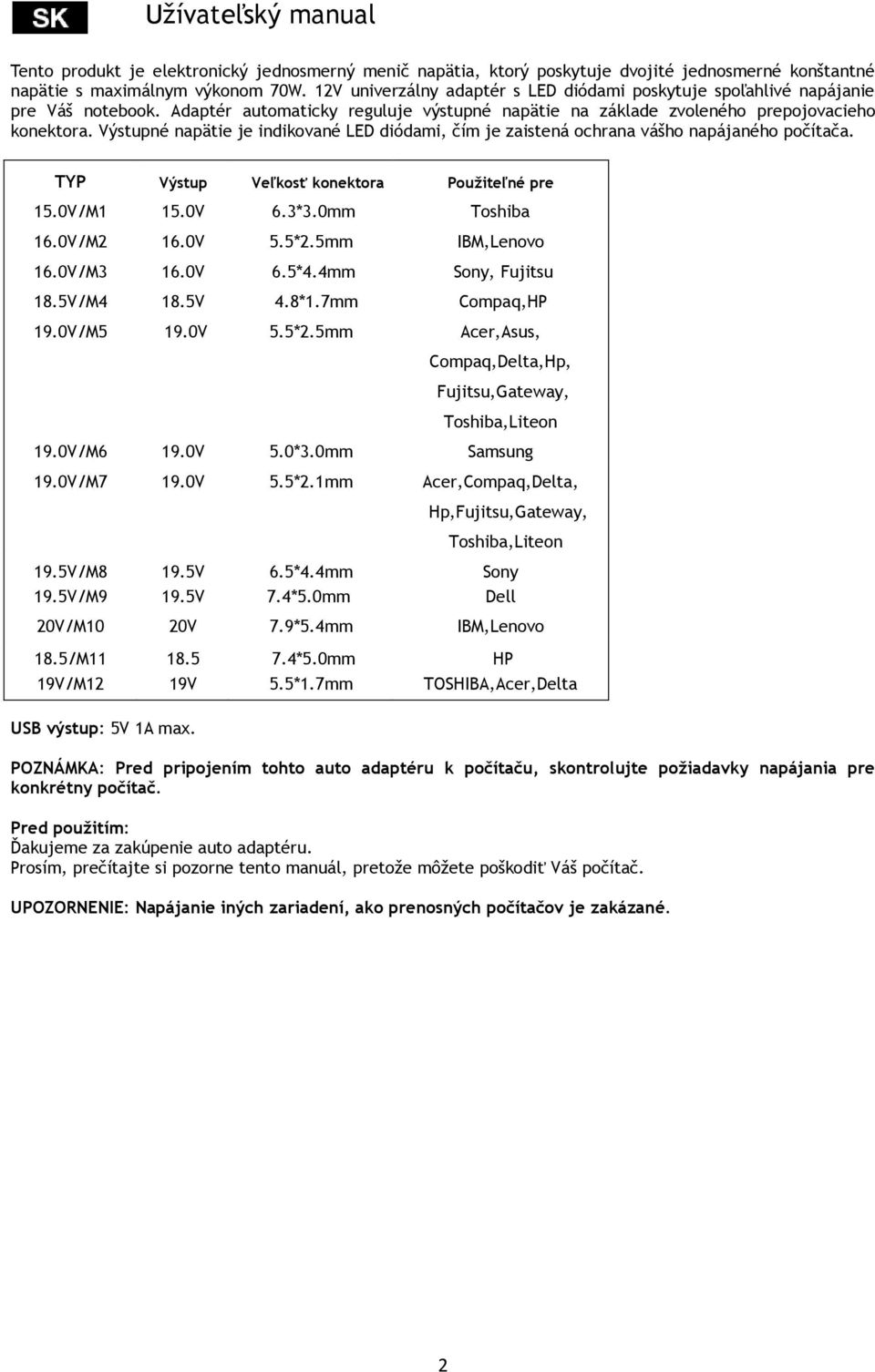 Výstupné napätie je indikované LED diódami, čím je zaistená ochrana vášho napájaného počítača. TYP Výstup Veľkosť konektora Použiteľné pre USB výstup: 5V 1A max.