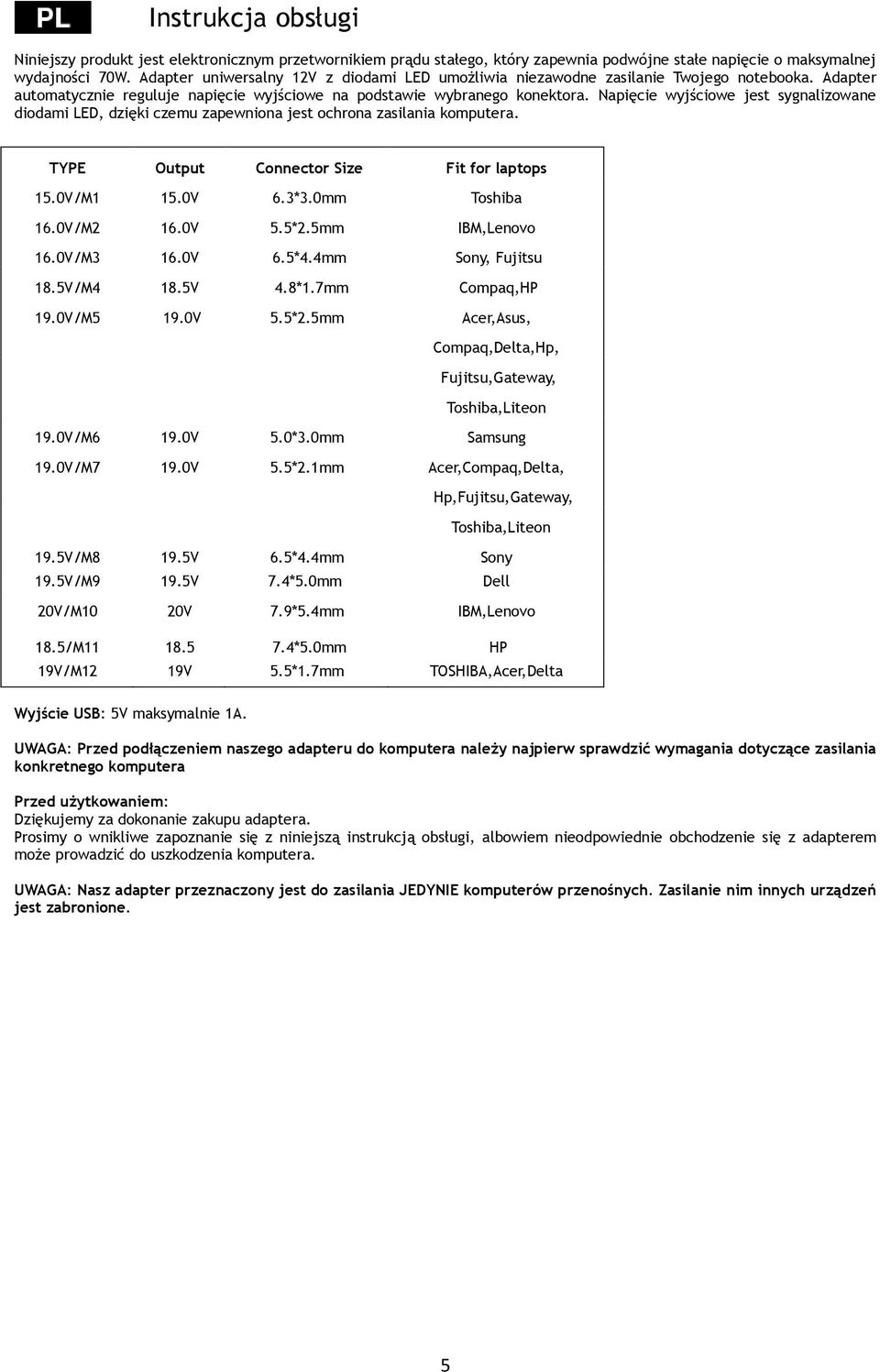Napięcie wyjściowe jest sygnalizowane diodami LED, dzięki czemu zapewniona jest ochrona zasilania komputera. TYPE Output Connector Size Fit for laptops Hp, Wyjście USB: 5V maksymalnie 1A.