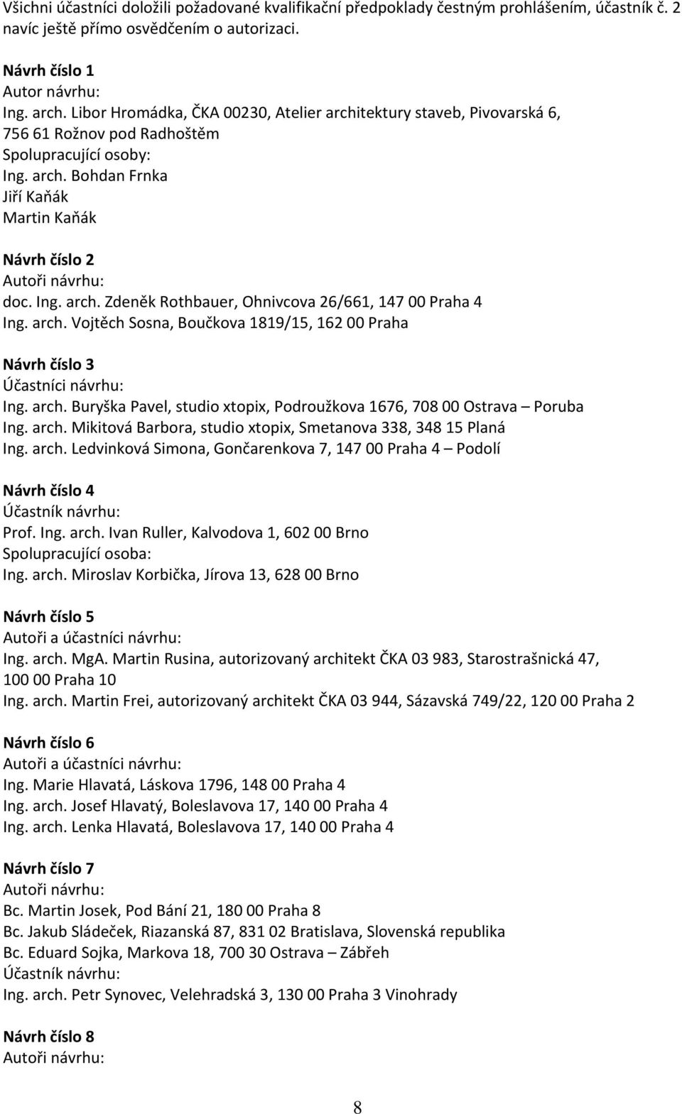 Ing. arch. Zdeněk Rothbauer, Ohnivcova 26/661, 147 00 Praha 4 Ing. arch. Vojtěch Sosna, Boučkova 1819/15, 162 00 Praha Návrh číslo 3 Účastníci návrhu: Ing. arch. Buryška Pavel, studio xtopix, Podroužkova 1676, 708 00 Ostrava Poruba Ing.