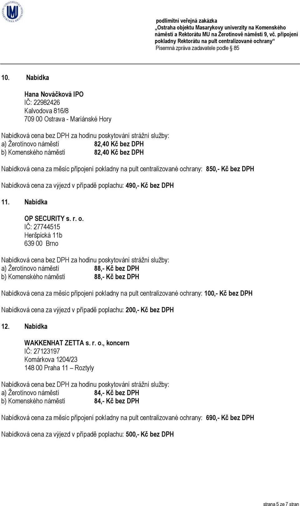 hrany: 850,- Kč bez DPH Nabídková cena za výjezd v případě poplachu: 490,- Kč bez DPH 11. Nabídka OP SECURITY s. r. o.