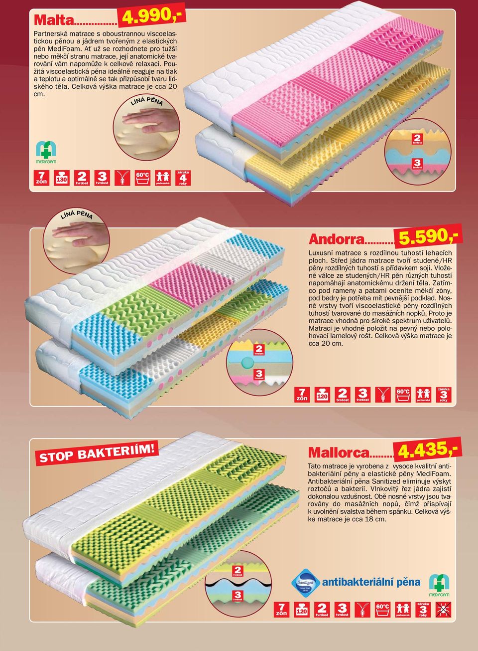 Pou- Ïitá viscoelastická pûna ideálnû reaguje na tlak a teplotu a optimálnû se tak pfiizpûsobí tvaru lidského tûla. Celková v ka matrace je cca 20 cm. 130 Andorra... 5.