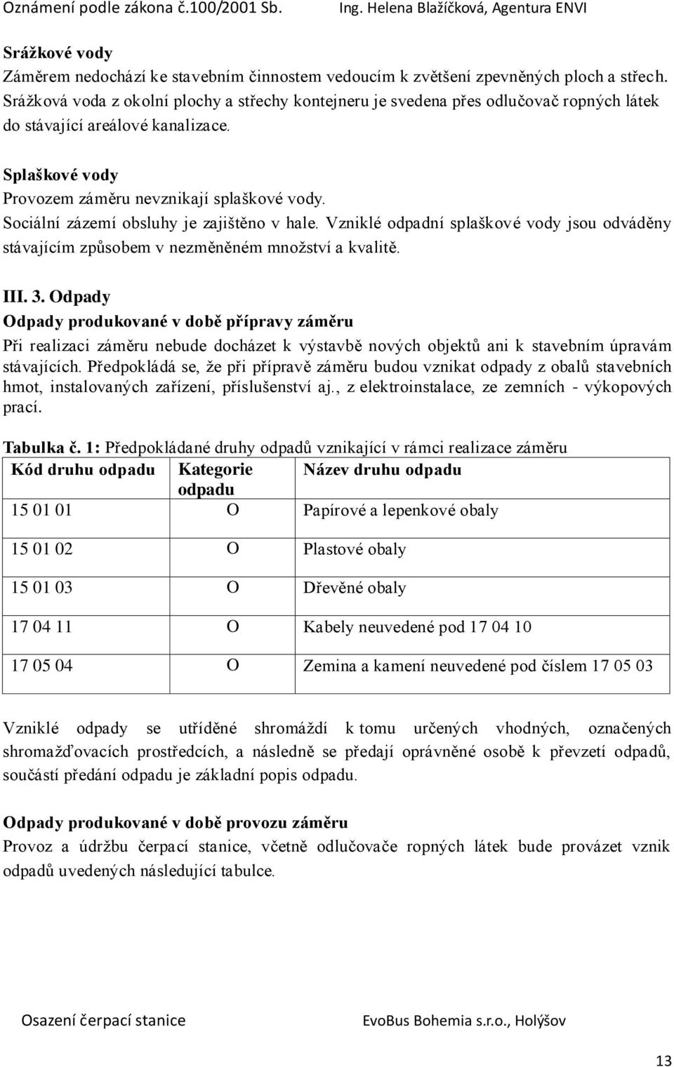 Sociální zázemí obsluhy je zajištěno v hale. Vzniklé odpadní splaškové vody jsou odváděny stávajícím způsobem v nezměněném množství a kvalitě. III. 3.