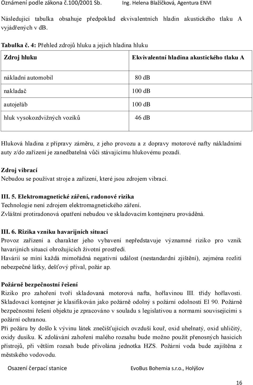 hladina z přípravy záměru, z jeho provozu a z dopravy motorové nafty nákladními auty z/do zařízení je zanedbatelná vůči stávajícímu hlukovému pozadí.