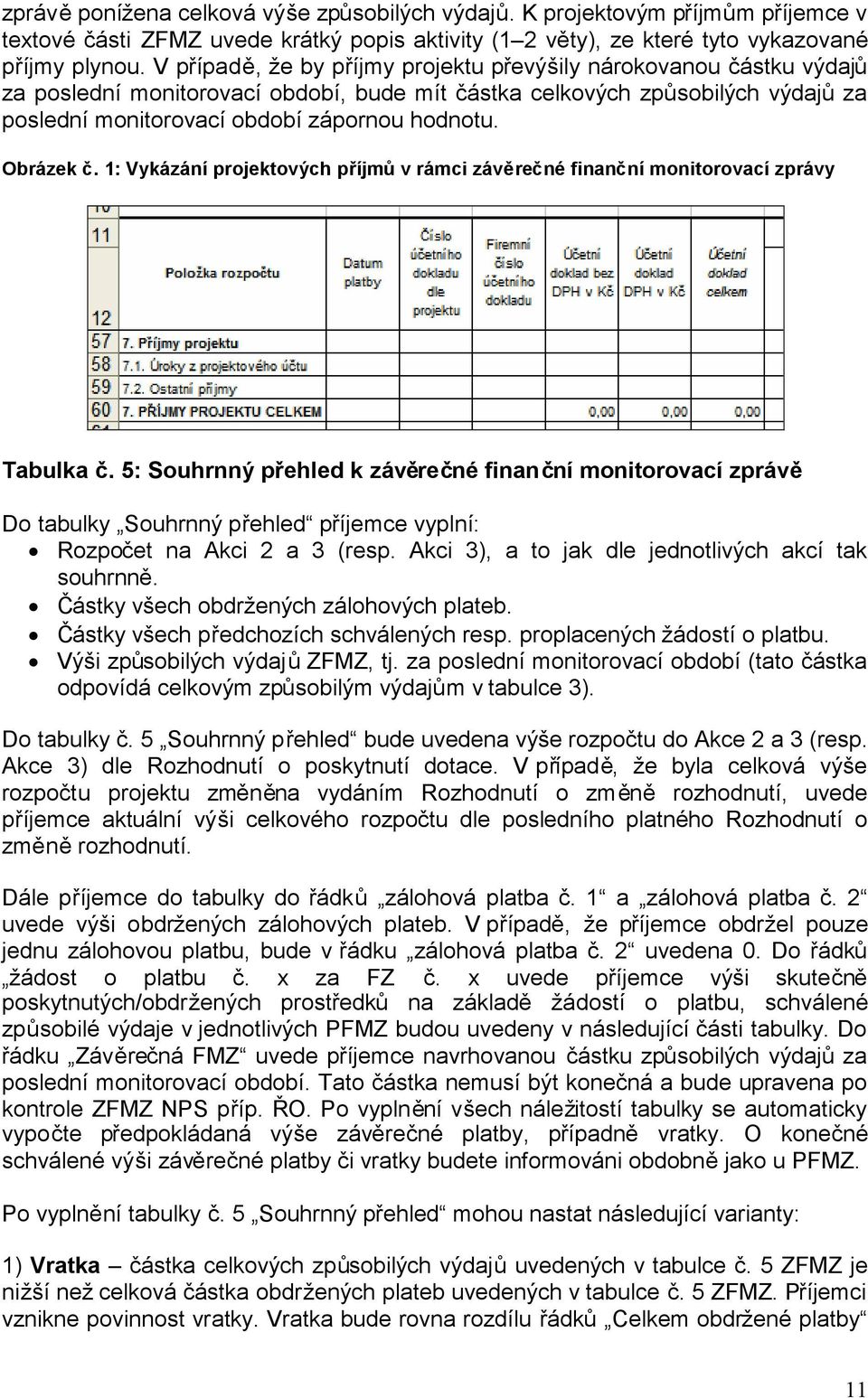 Obrázek č. 1: Vykázání projektových příjmův rámci závěrečné finanční monitorovací zprávy Tabulka č.