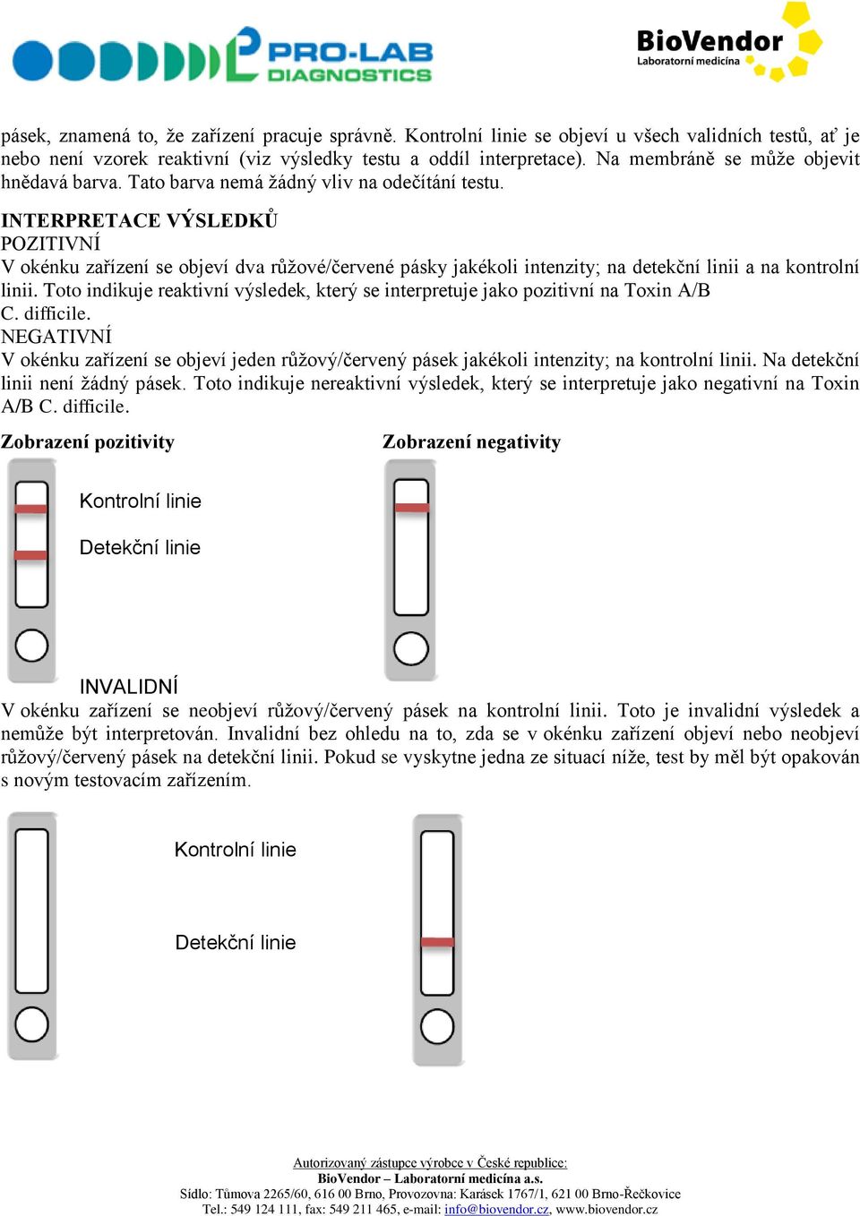 INTERPRETACE VÝSLEDKŮ POZITIVNÍ V okénku zařízení se objeví dva růžové/červené pásky jakékoli intenzity; na detekční linii a na kontrolní linii.