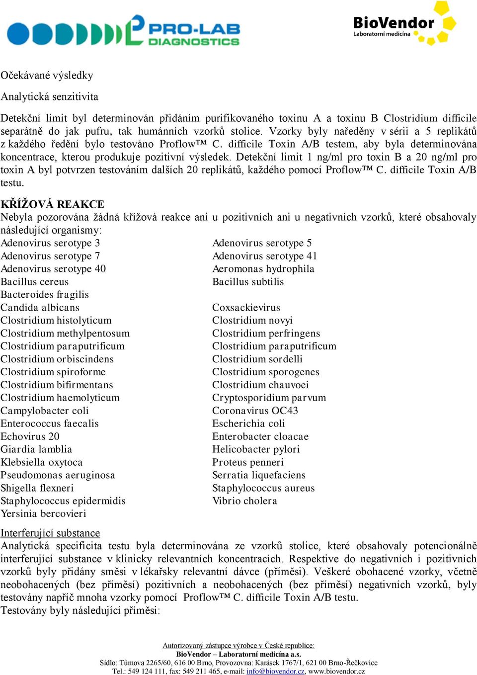 Detekční limit 1 ng/ml pro toxin B a 20 ng/ml pro toxin A byl potvrzen testováním dalších 20 replikátů, každého pomocí Proflow C. difficile Toxin A/B testu.