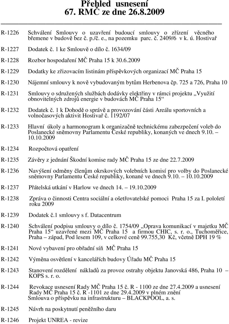 725 a 726, Praha 10 R-1231 Smlouvy o sdružených službách dodávky elektřiny v rámci projektu Využití obnovitelných zdrojů energie v budovách MČ Praha 15 R-1232 Dodatek č.