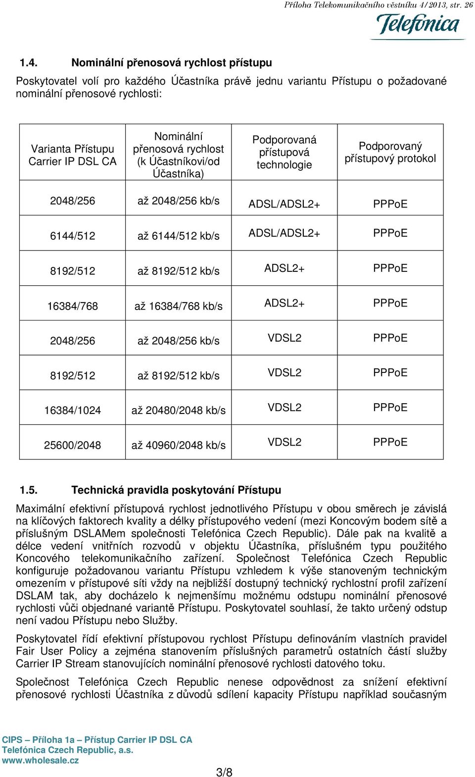 Nominální přenosová rychlost přístupu Poskytovatel volí pro každého Účastníka právě jednu variantu Přístupu o požadované nominální přenosové rychlosti: Varianta Přístupu Carrier IP DSL CA Nominální