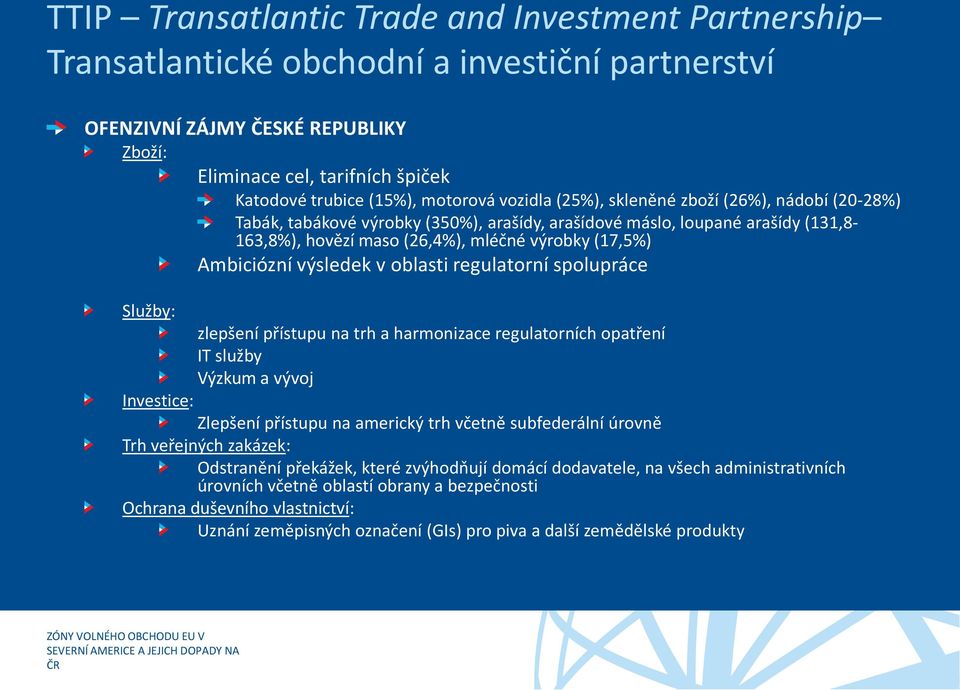 Ambiciózní výsledek v oblasti regulatorní spolupráce Služby: zlepšení přístupu na trh a harmonizace regulatorních opatření IT služby Výzkum a vývoj Investice: Zlepšení přístupu na americký trh včetně
