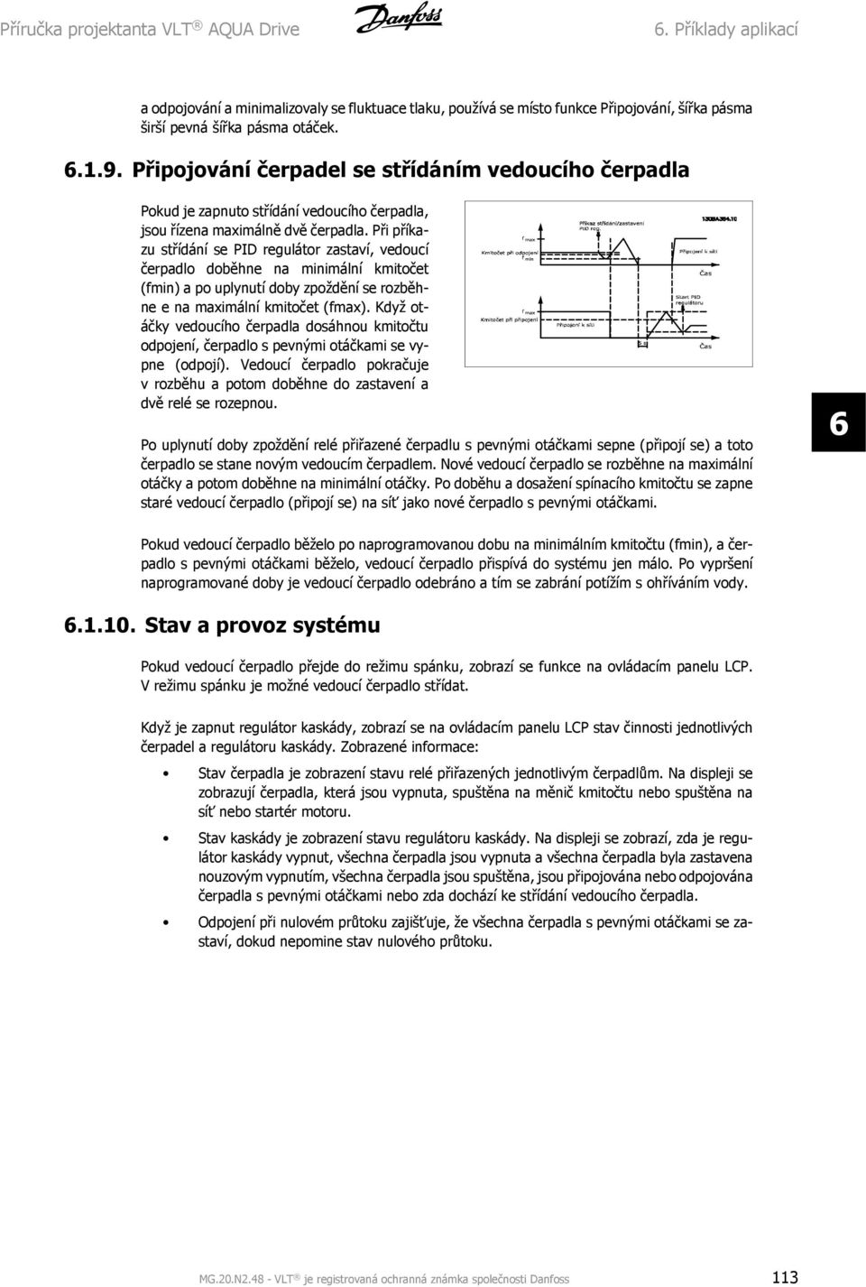 Při příkazu střídání se PID regulátor zastaví, vedoucí čerpadlo doběhne na minimální kmitočet (fmin) a po uplynutí doby zpoždění se rozběhne e na maximální kmitočet (fmax).