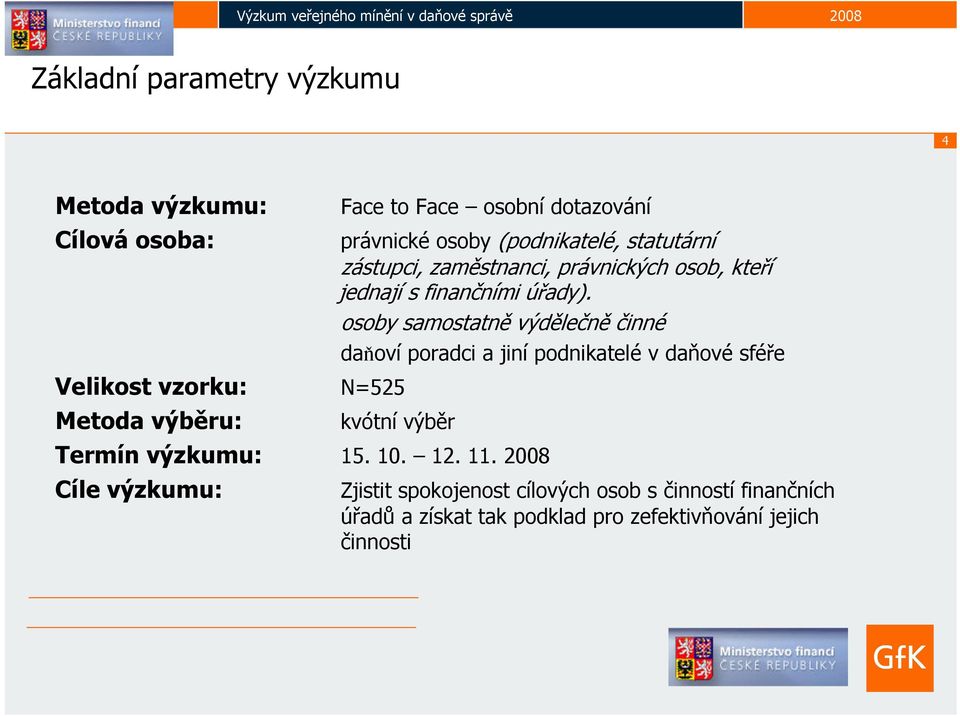 osoby samostatně výdělečně činné daňoví poradci a jiní podnikatelé v daňové sféře Velikost vzorku: N=525 Metoda výběru: