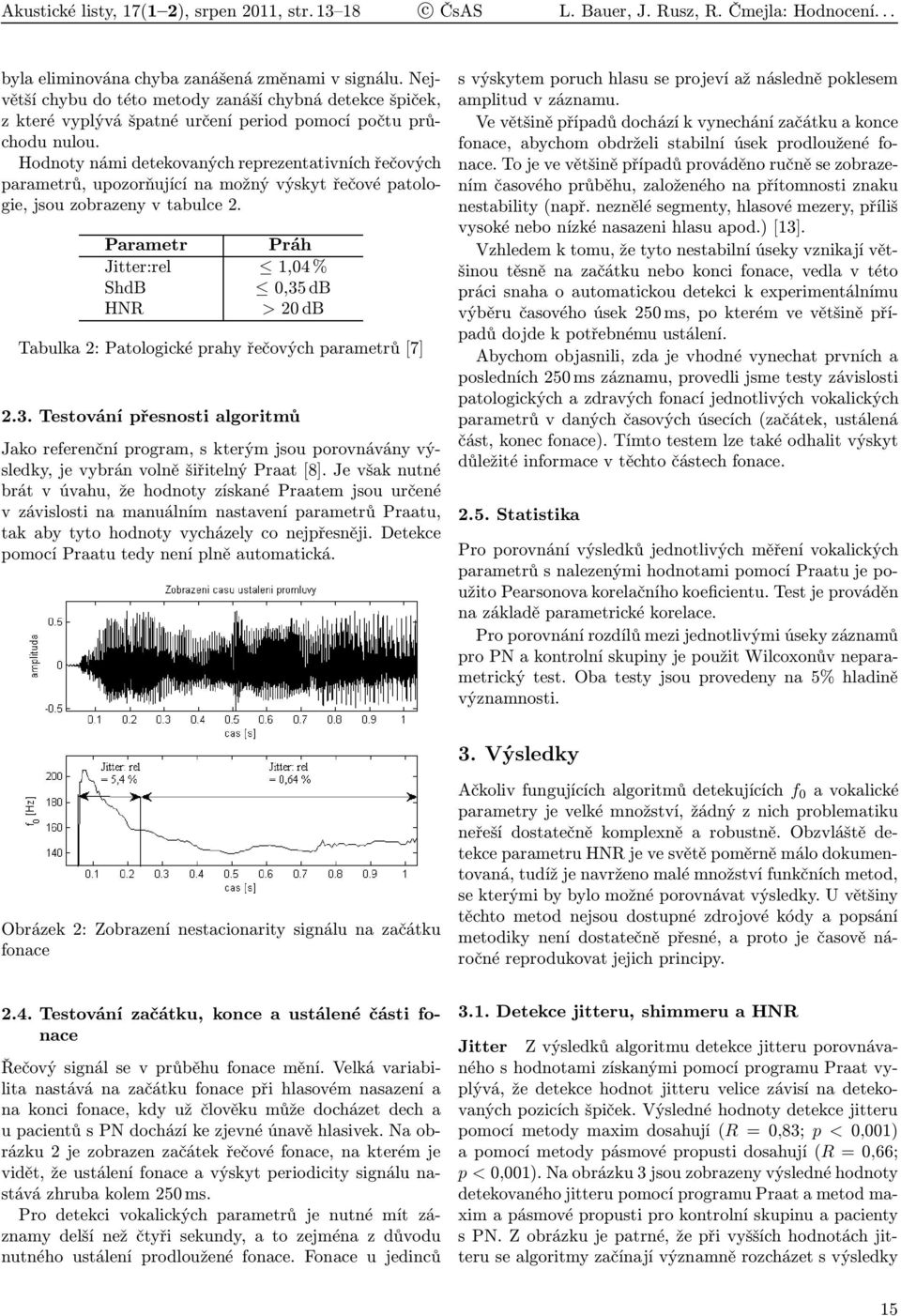 Hodnoty námi detekovaných reprezentativních řečových parametrů, upozorňující na možný výskyt řečové patologie, jsou zobrazeny v tabulce 2.