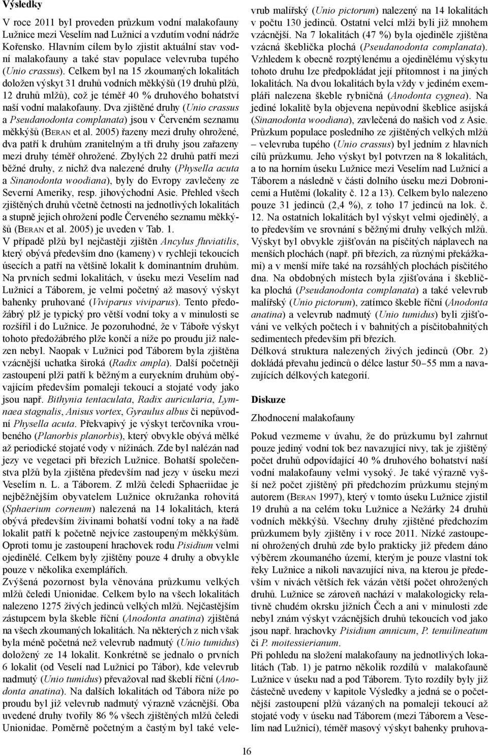 Celkem byl na 15 zkoumaných lokalitách doložen výskyt 31 druhů vodních měkkýšů (19 druhů plžů, 12 druhů mlžů), což je téměř 40 % druhového bohatství naší vodní malakofauny.