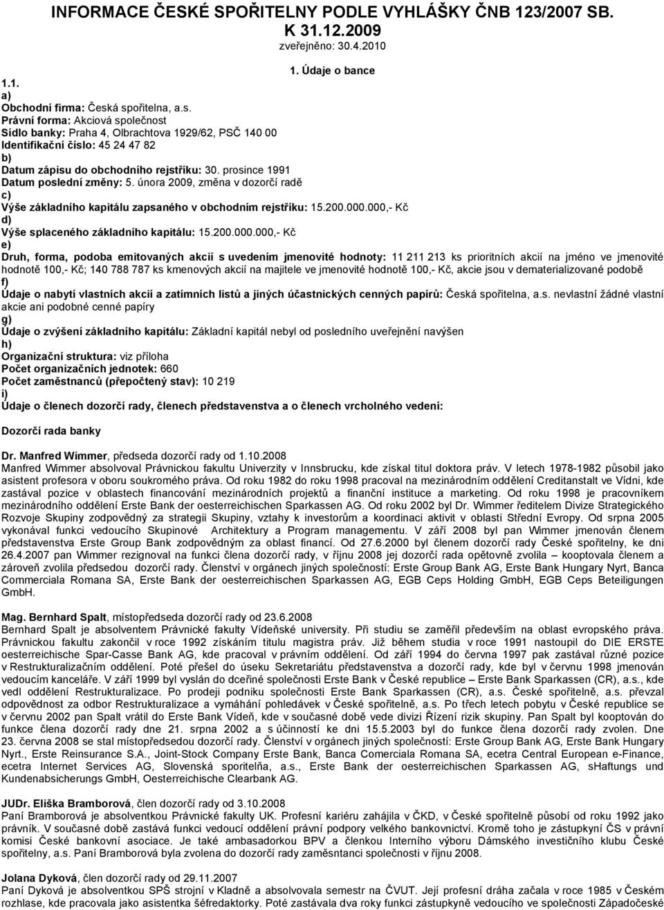 prosince 1991 Datum poslední změny: 5. února 2009, změna v dozorčí radě c) Výše základního kapitálu zapsaného v obchodním rejstříku: 15.200.000.