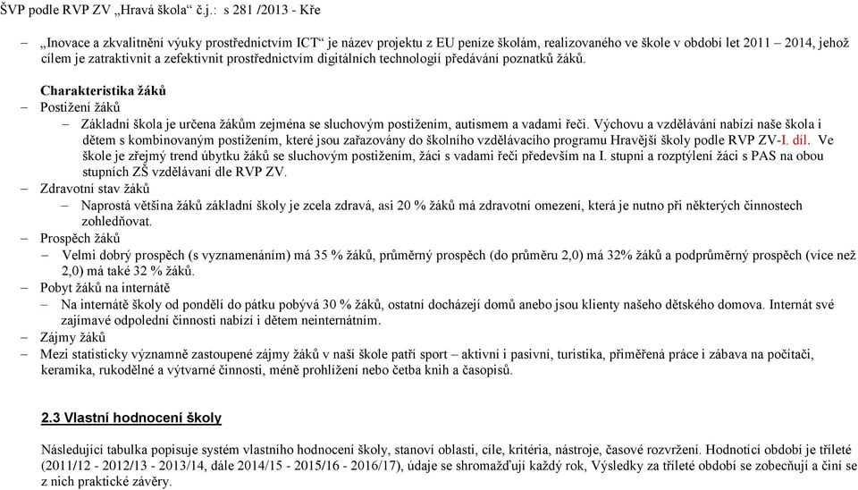 Výchovu a vzdělávání nabízí naše škola i dětem s kombinovaným postižením, které jsou zařazovány do školního vzdělávacího programu Hravější školy podle RVP ZV-I. díl.