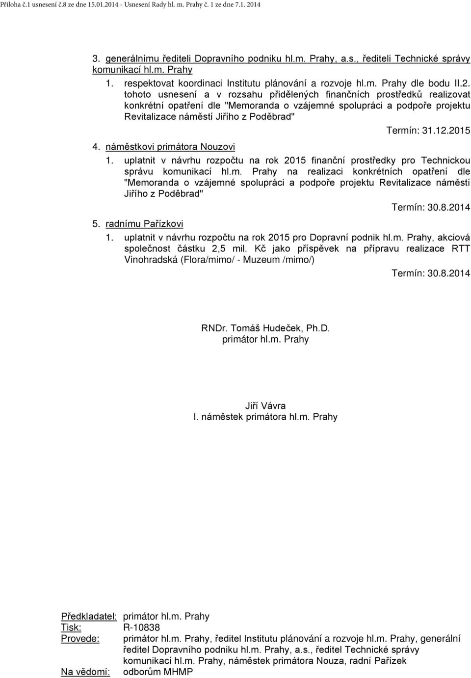 12.2015 4. náměstkovi primátora Nouzovi 1. uplatnit v návrhu rozpočtu na rok 2015 finanční prostředky pro Technickou správu komunikací hl.m. Prahy na realizaci konkrétních opatření dle "Memoranda o vzájemné spolupráci a podpoře projektu Revitalizace náměstí Jiřího z Poděbrad" Termín: 30.