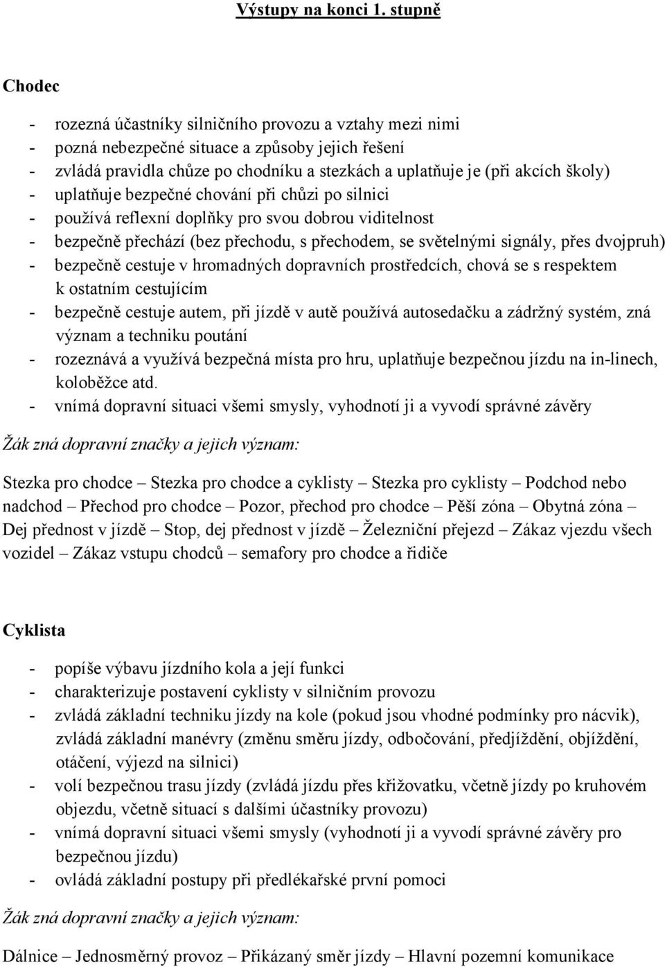 uplatňuje bezpečné chování při chůzi po silnici - používá reflexní doplňky pro svou dobrou viditelnost - bezpečně přechází (bez přechodu, s přechodem, se světelnými signály, přes dvojpruh) - bezpečně