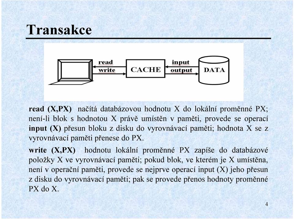 write (X,PX) hodnotu lokální proměnné PX zapíše do databázové položky X ve vyrovnávací paměti; pokud blok, ve kterém je X