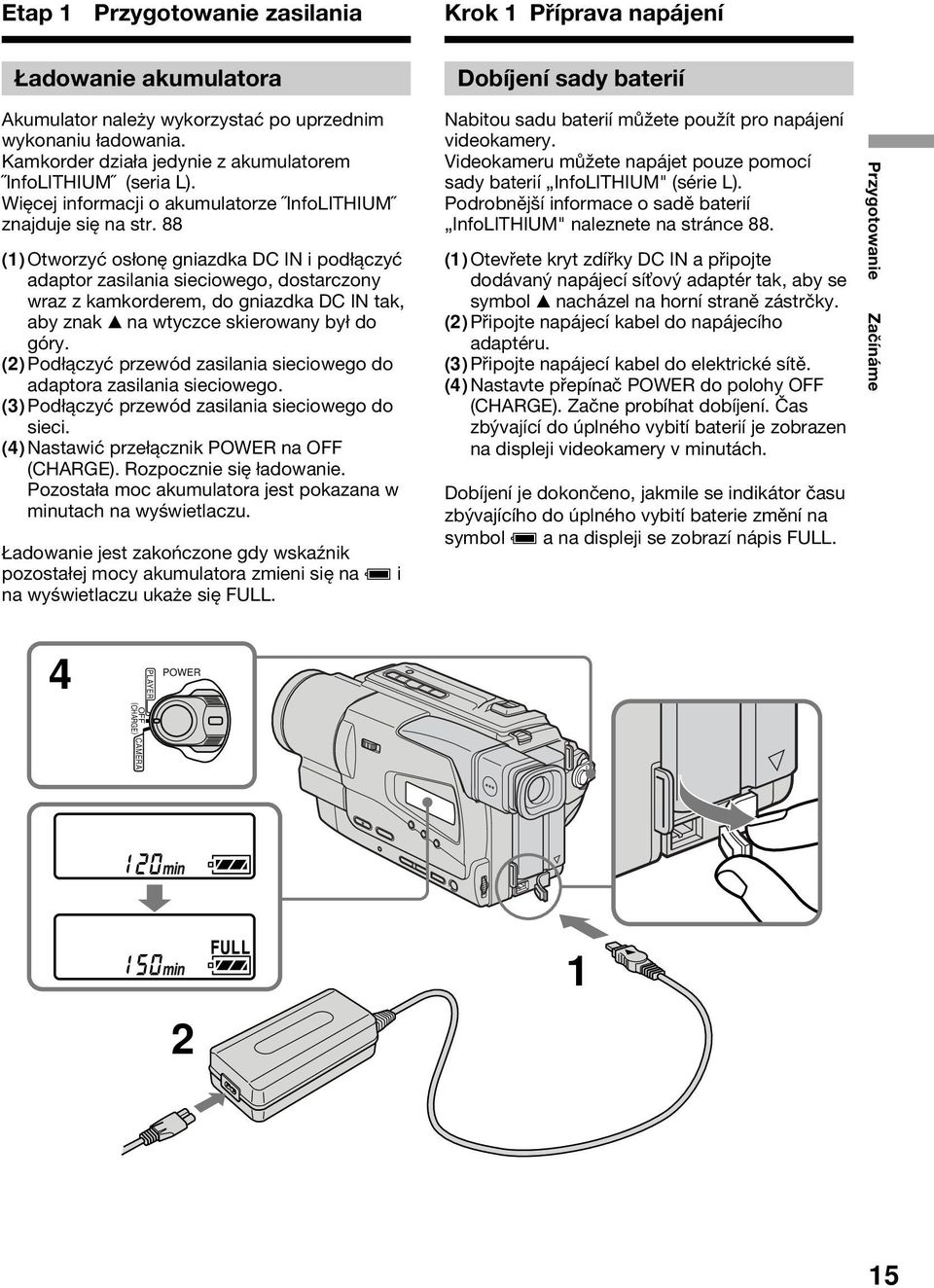 88 (1) Otworzyć osłonę gniazdka DC IN i podłączyć adaptor zasilania sieciowego, dostarczony wraz z kamkorderem, do gniazdka DC IN tak, aby znak v na wtyczce skierowany był do góry.