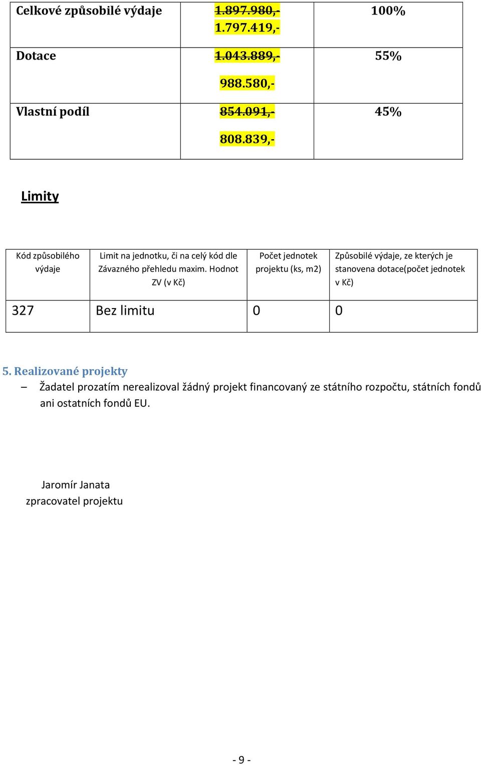 Hodnot ZV (v Kč) Počet jednotek projektu (ks, m2) Způsobilé výdaje, ze kterých je stanovena dotace(počet jednotek v Kč) 327 Bez limitu