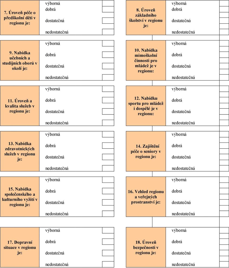 Úroveň a kvalita služeb v regionu je: 12. Nabídku sportu pro mládež i dospělé je v regionu: ne ne 13. Nabídka zdravotnických služeb v regionu je: 14.