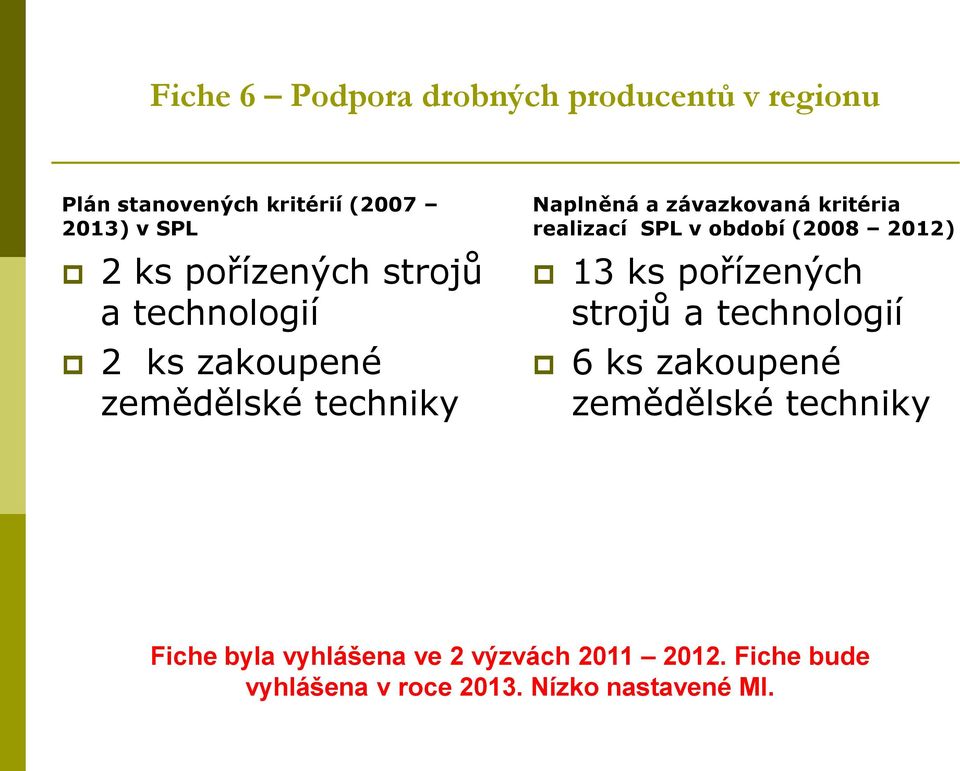 realizací SPL v období (2008 2012) 13 ks pořízených strojů a technologií 6 ks zakoupené zemědělské