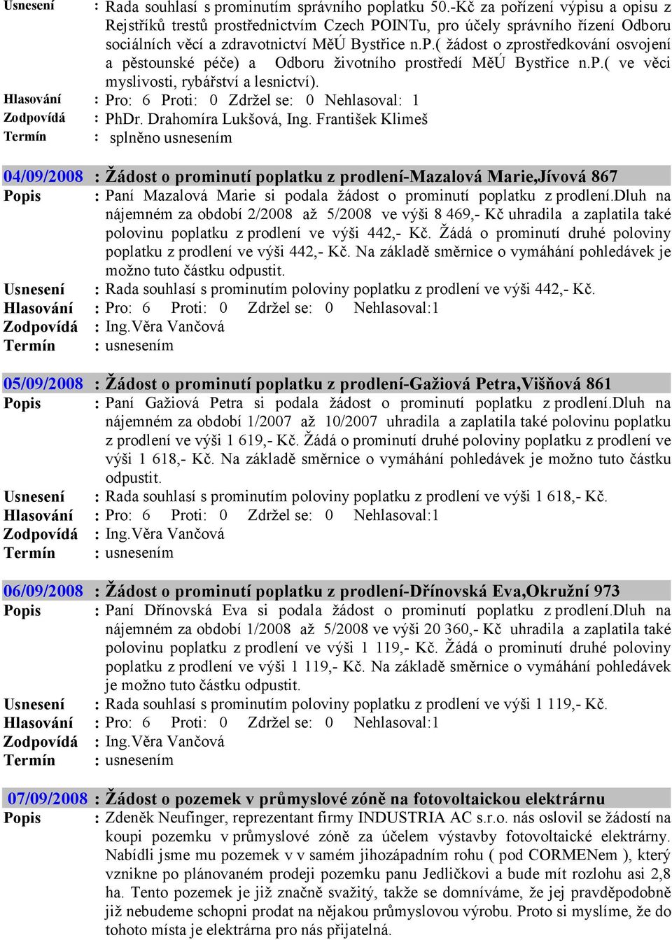 p.( ve věci myslivosti, rybářství a lesnictví). Hlasování : Pro: 6 Proti: 0 Zdržel se: 0 Nehlasoval: 1 Zodpovídá : PhDr. Drahomíra Lukšová, Ing.