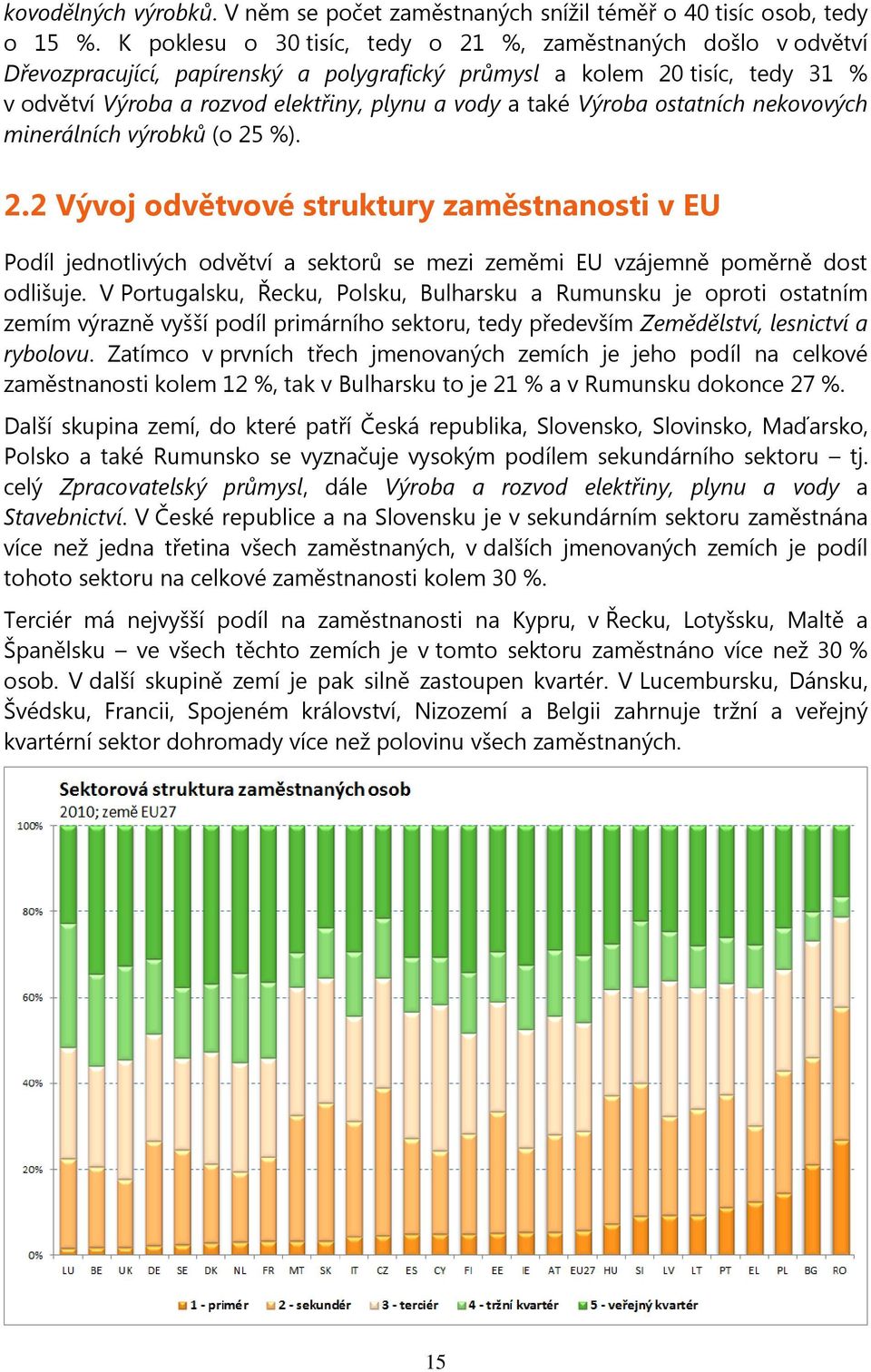 Výroba ostatních nekovových minerálních výrobků (o 25 %). 2.2 Vývoj odvětvové struktury zaměstnanosti v EU Podíl jednotlivých odvětví a sektorů se mezi zeměmi EU vzájemně poměrně dost odlišuje.