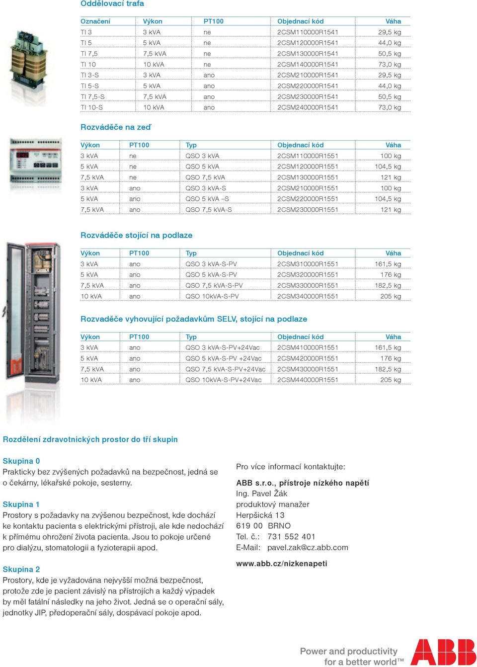 Rozváděče na zeď Výkon PT100 Typ Objednací kód Váha 3 kva ne QSO 3 kva 2CSM110000R1551 100 kg 5 kva ne QSO 5 kva 2CSM120000R1551 104,5 kg 7,5 kva ne QSO 7,5 kva 2CSM130000R1551 121 kg 3 kva ano QSO 3