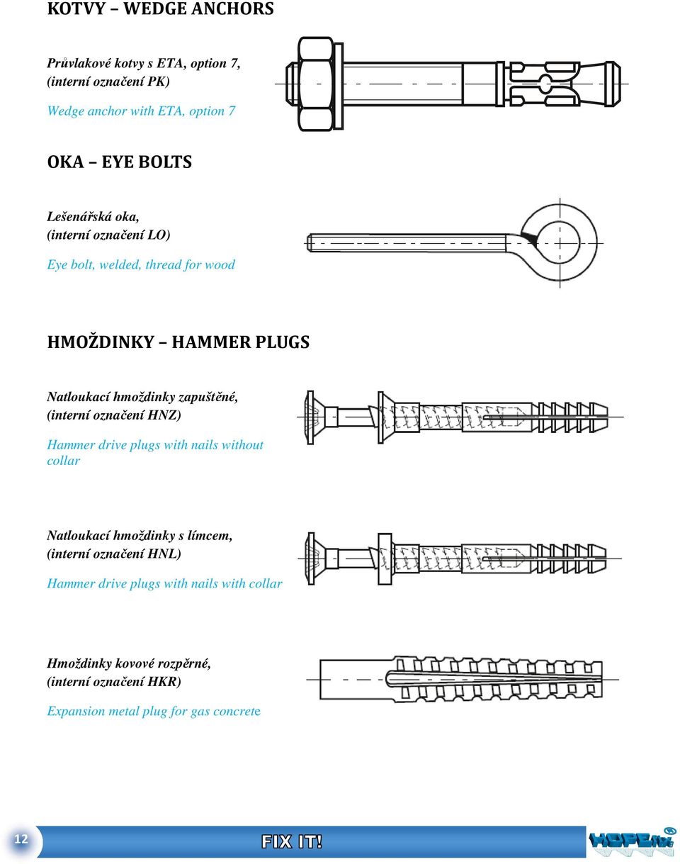 zapuštěné, (interní označení HNZ) Hammer drive plugs with nails without collar Natloukací hmoždinky s límcem, (interní