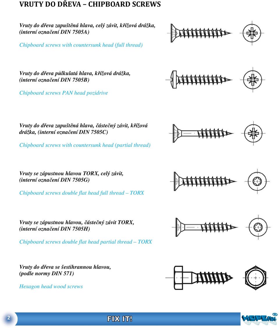 Chipboard screws with countersunk head (partial thread) Vruty se zápustnou hlavou TORX, celý závit, (interní označení DIN 7505G) Chipboard screws double flat head full thread TORX Vruty se