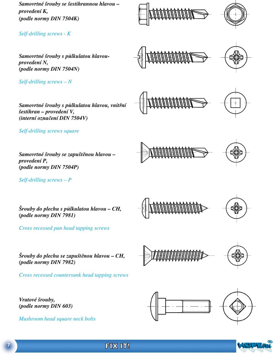 zapuštěnou hlavou provedení P, (podle normy DIN 7504P) Self-drilling screws P Šrouby do plechu s půlkulatou hlavou CH, (podle normy DIN 7981) Cross recessed pan head tapping