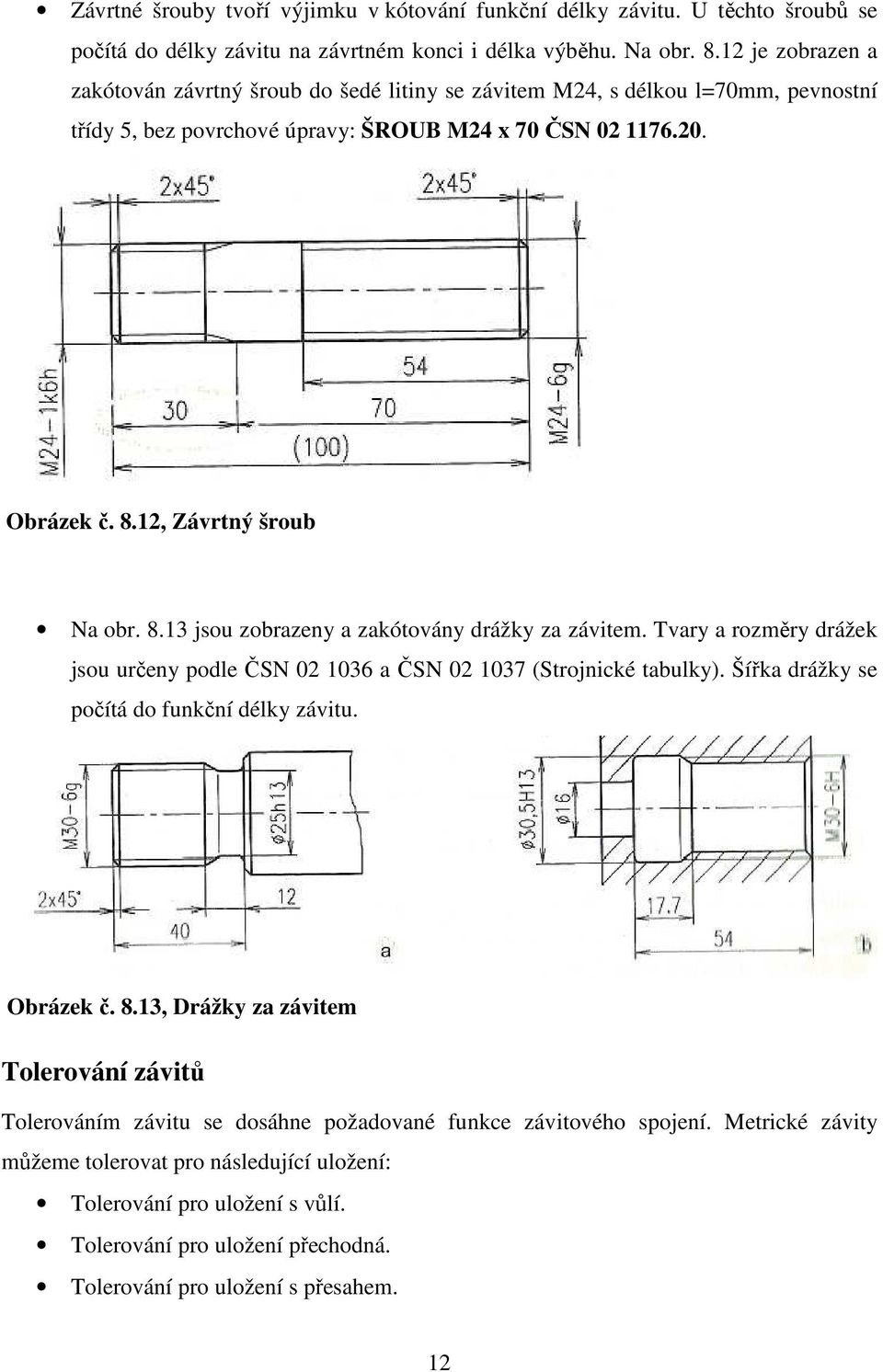 8.13 jsou zobrazeny a zakótovány drážky za závitem. Tvary a rozměry drážek jsou určeny podle ČSN 02 1036 a ČSN 02 1037 (Strojnické tabulky). Šířka drážky se počítá do funkční délky závitu. Obrázek č.