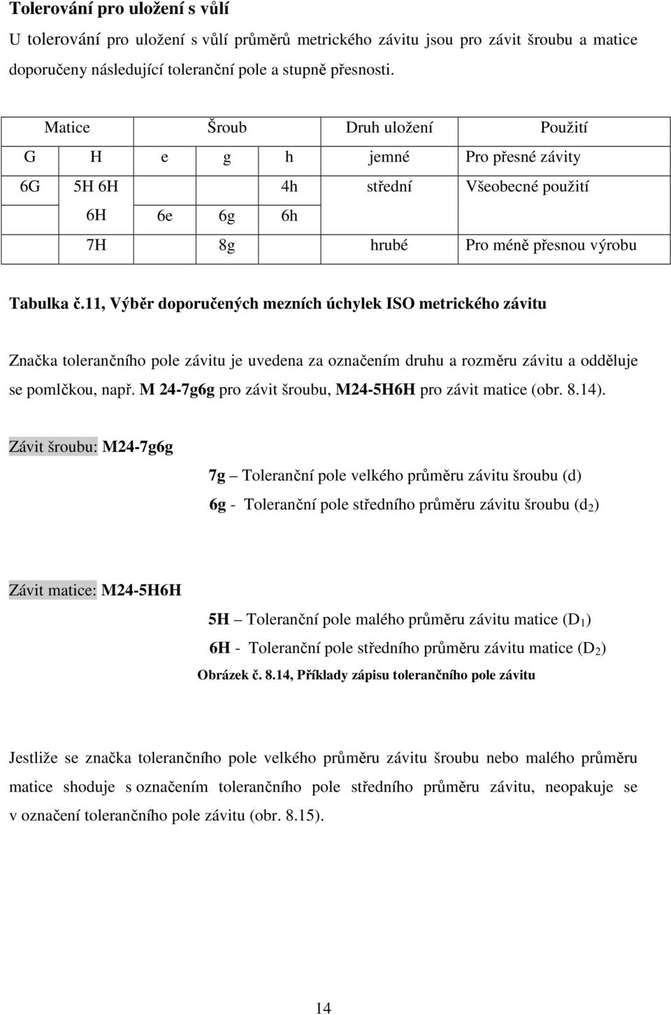 11, Výběr doporučených mezních úchylek ISO metrického závitu Značka tolerančního pole závitu je uvedena za označením druhu a rozměru závitu a odděluje se pomlčkou, např.