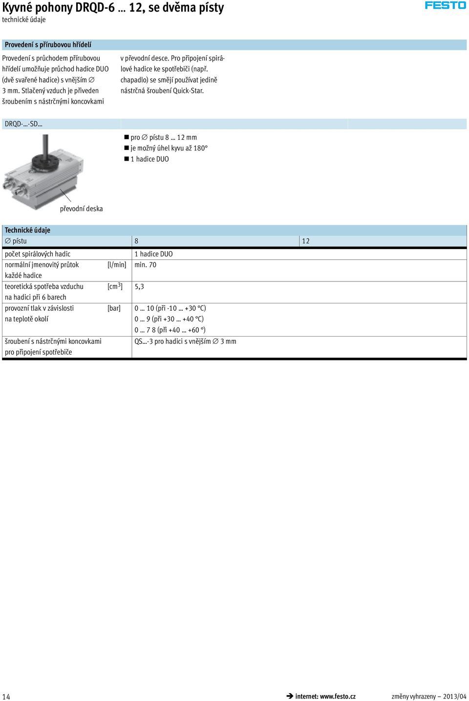 DRQD- -SD pro pístu 8 12 mm je možný úhel kyvu až 1 hadice DUO převodní deska Technické údaje pístu 8 12 počet spirálových hadic normální jmenovitý průtok každé hadice teoretická spotřeba vzduchu na