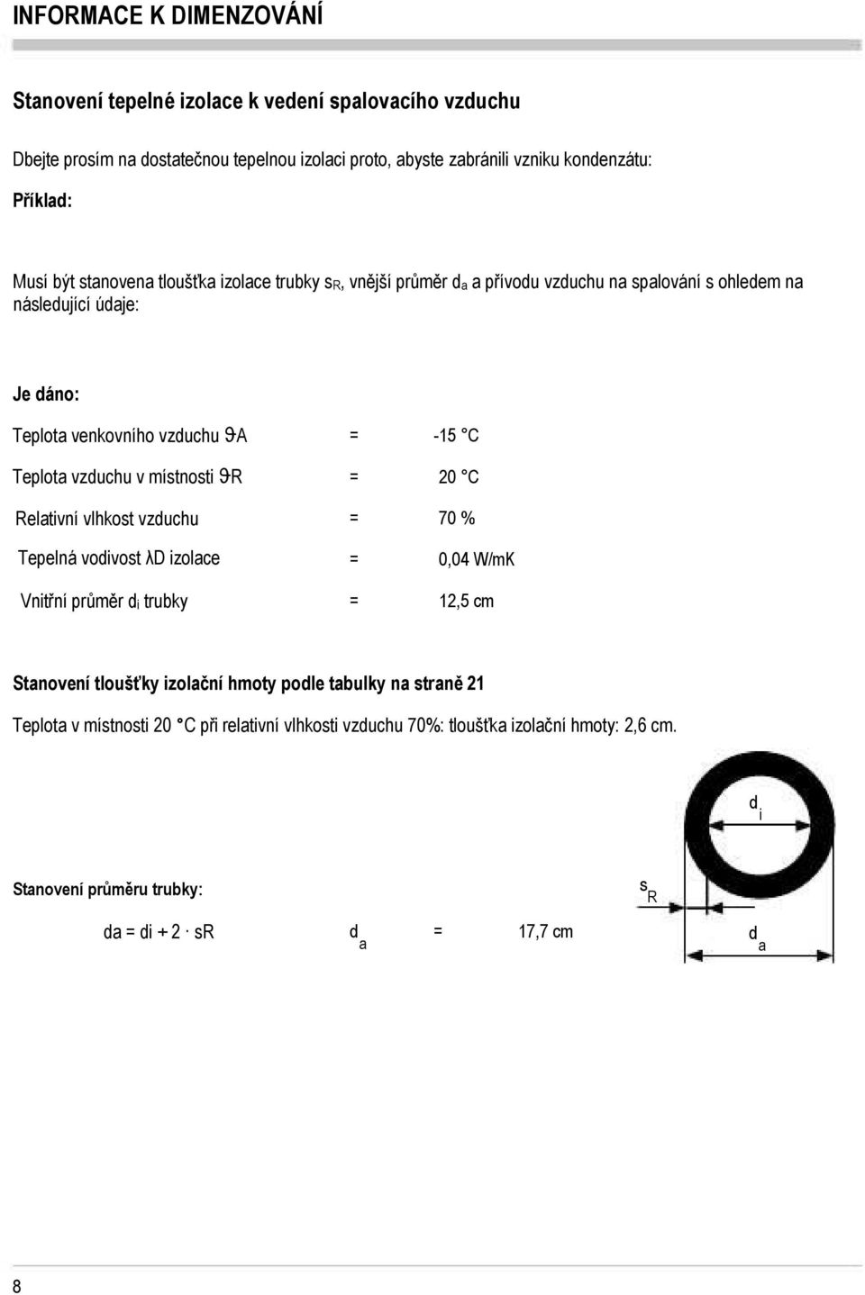 vzduchu v místnosti ϑr Relativní vlhkost vzduchu Tepelná vodivost λd izolace Vnitřní průměr di trubky = = = = = -15 C 20 C 70 % W/mK 12,5 cm Stanovení tloušťky izolační hmoty