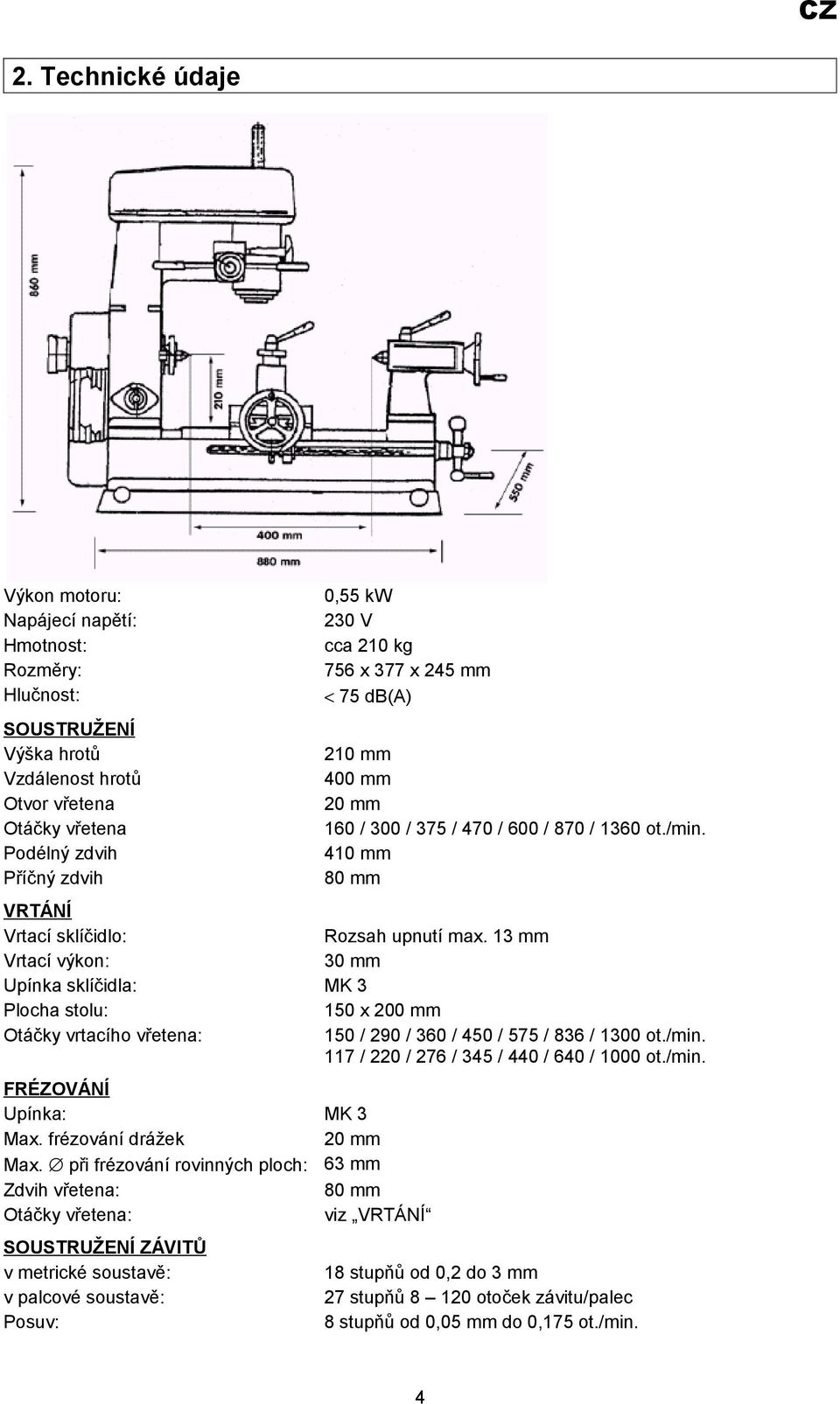 13 mm Vrtací výkon: 30 mm Upínka sklíčidla: MK 3 Plocha stolu: 150 x 200 mm Otáčky vrtacího vřetena: 150 / 290 / 360 / 450 / 575 / 836 / 1300 ot./min. 117 / 220 / 276 / 345 / 440 / 640 / 1000 ot./min. FRÉZOVÁNÍ Upínka: MK 3 Max.