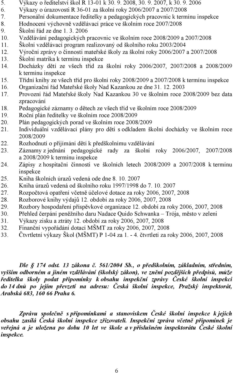 Vzdělávání pedagogických pracovnic ve školním roce 2008/2009 a 2007/2008 11. Školní vzdělávací program realizovaný od školního roku 2003/2004 12.