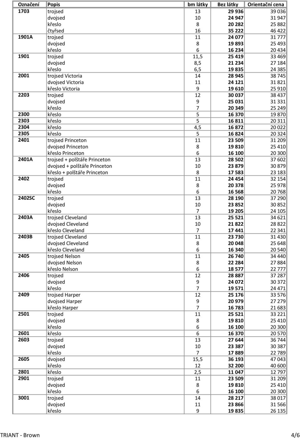 dvojsed 9 25 031 31 331 křeslo 7 20 349 25 249 2300 křeslo 5 16 370 19 870 2303 křeslo 5 16 811 20 311 2304 křeslo 4,5 16 872 20 022 2305 křeslo 5 16 824 20 324 2401 trojsed Princeton 11 23 509 31