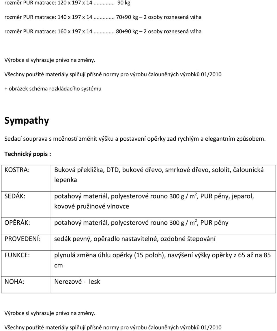 Technický popis : Buková překližka, DTD, bukové dřevo, smrkové dřevo, sololit, čalounická lepenka potahový materiál, polyesterové rouno 300 g / m 2, PUR pěny, jeparol, kovové