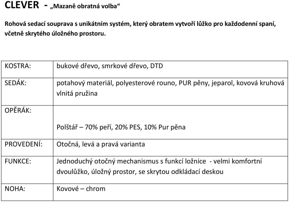 bukové dřevo, smrkové dřevo, DTD potahový materiál, polyesterové rouno, PUR pěny, jeparol, kovová kruhová vlnitá pružina