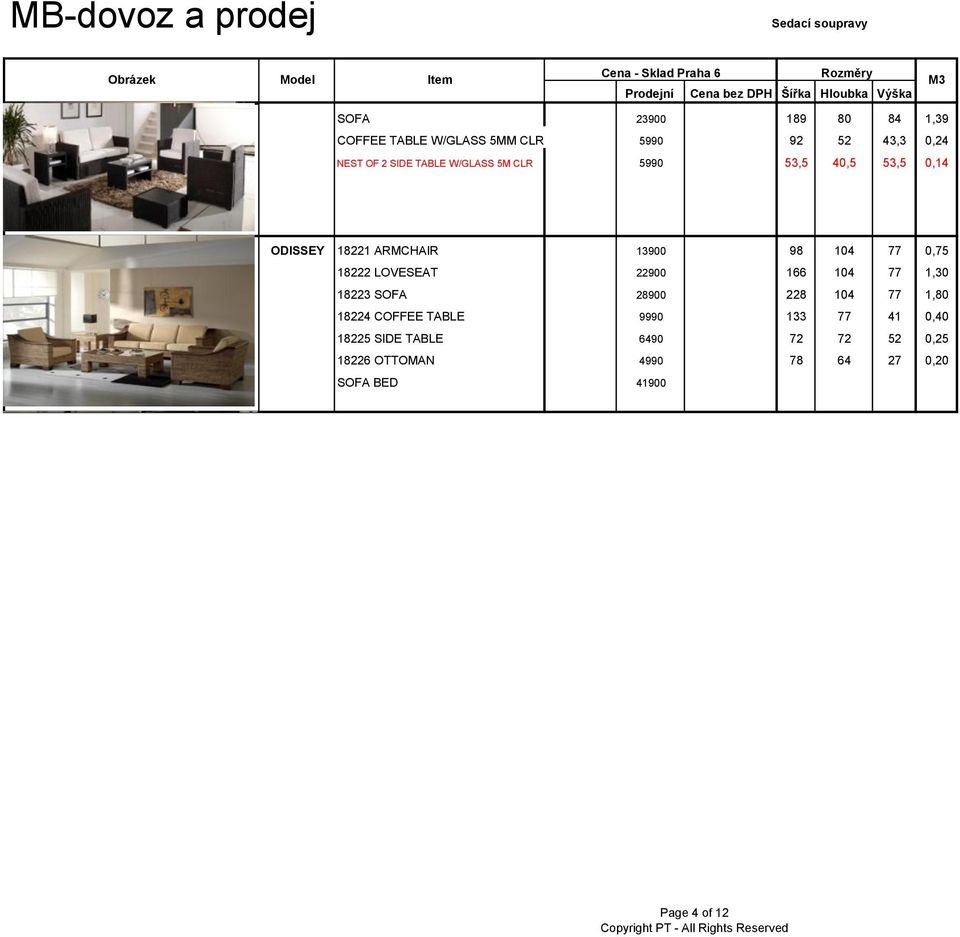 LOVESEAT 22900 166 104 77 1,30 18223 SOFA 28900 228 104 77 1,80 18224 COFFEE TABLE 9990 133 77