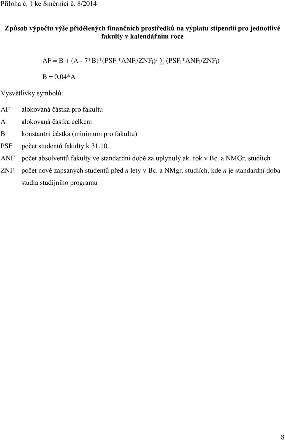 *ANF i /ZNF i )/ (PSF i *ANF i /ZNF i ) B = 0,04*A Vysvětlivky symbolů: AF alokovaná částka pro fakultu A alokovaná částka celkem B konstantní částka
