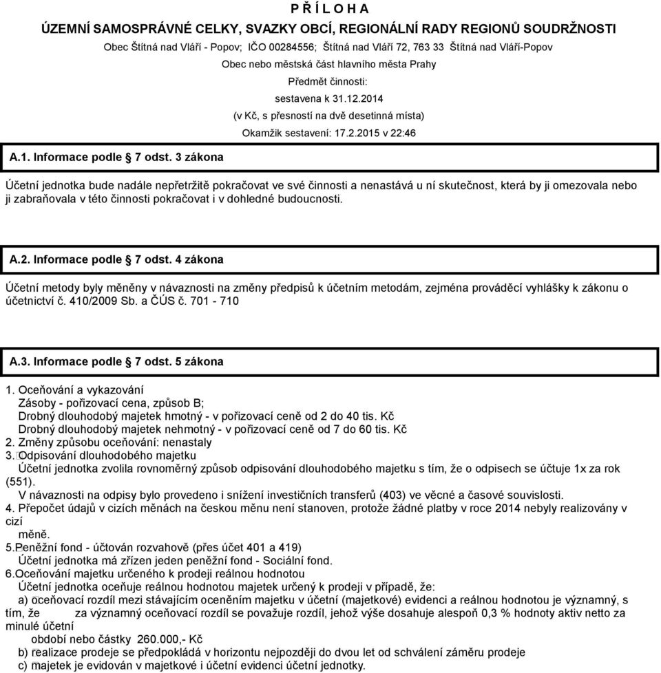 2014 (v Kč, s přesností na dvě desetinná místa) Okamžik sestavení: 17.2.2015 v 22:46 Účetní jednotka bude nadále nepřetržitě pokračovat ve své činnosti a nenastává u ní skutečnost, která by ji