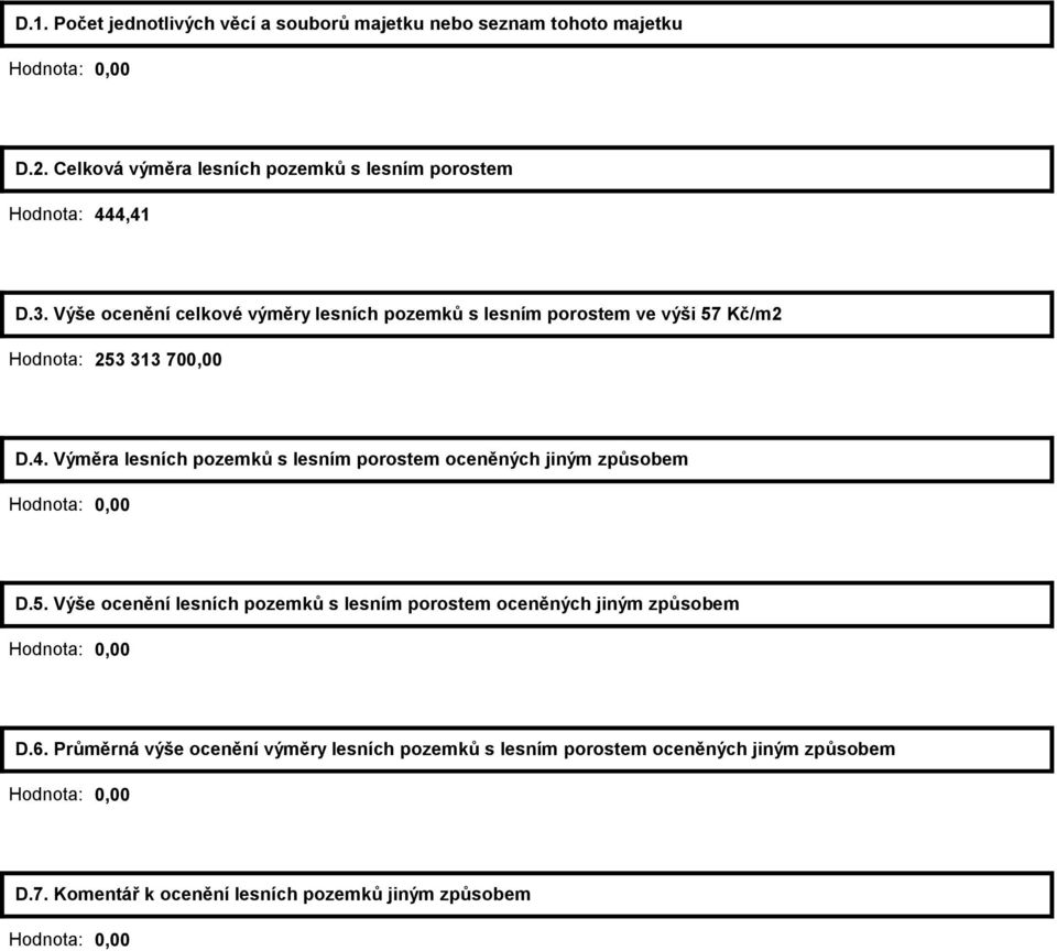 Výše ocenění celkové výměry lesních pozemků s lesním porostem ve výši 57 Kč/m2 Hodnota: 253 313 70 D.4.