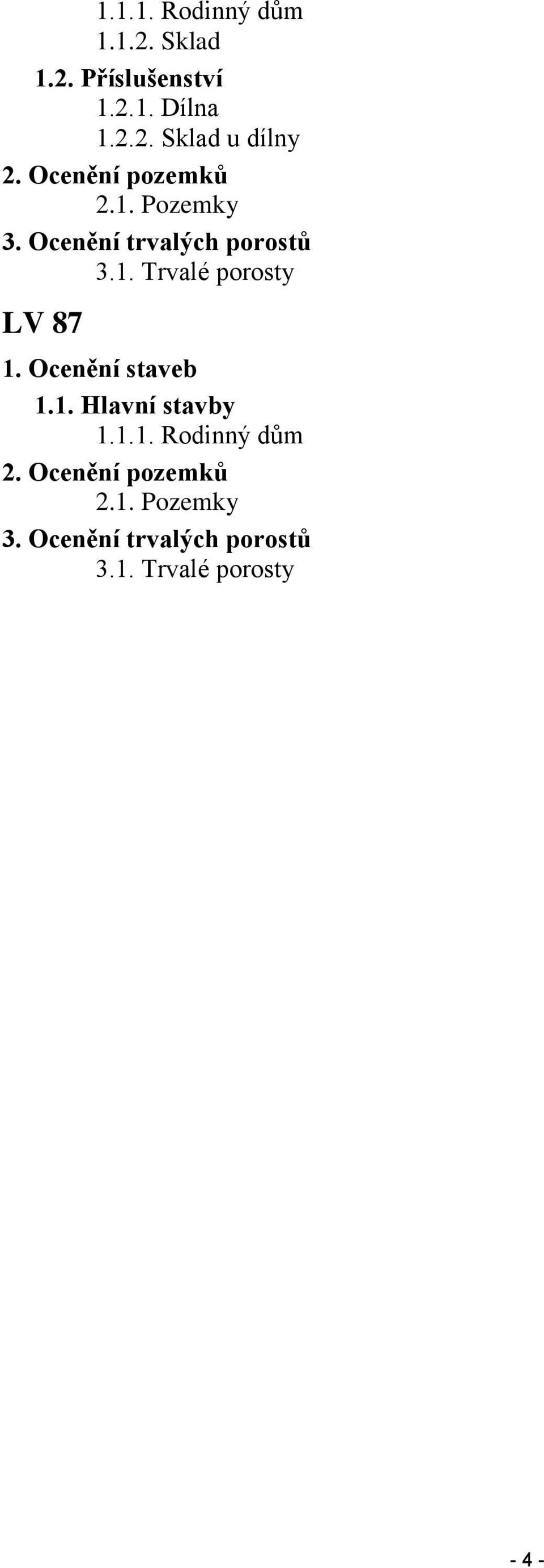 Ocenění staveb 1.1. Hlavní stavby 1.1.1. Rodinný dům 2. Ocenění pozemků 2.1. Pozemky 3.