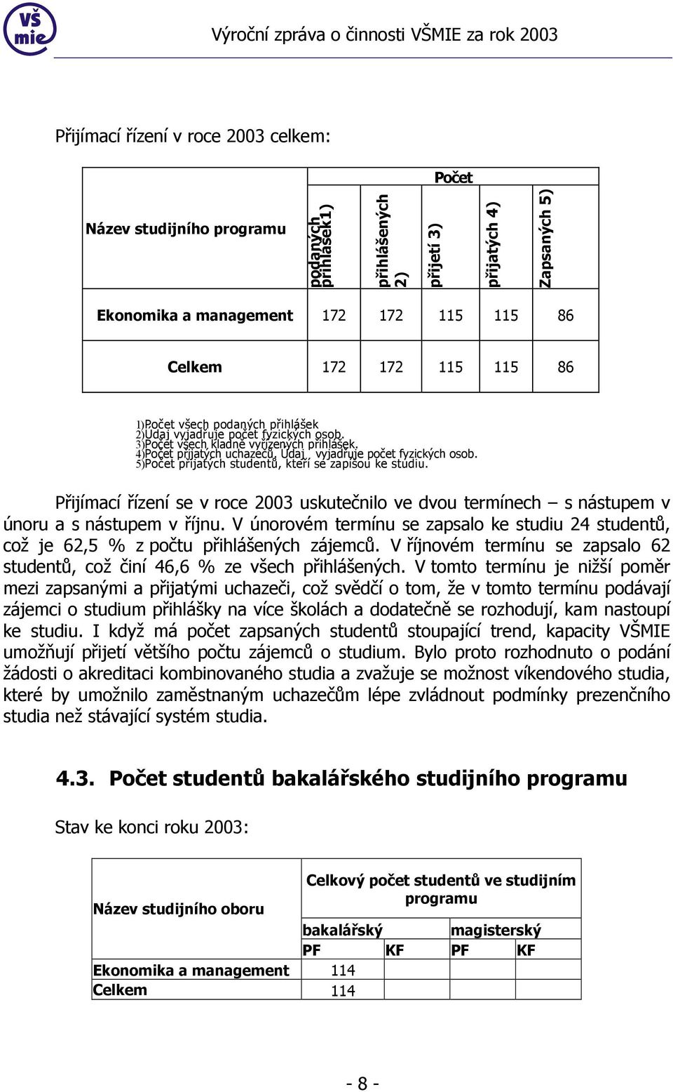 Přijímací řízení se v roce 2003 uskutečnilo ve dvou termínech s nástupem v únoru a s nástupem v říjnu. V únorovém termínu se zapsalo ke studiu 24 studentů, což je 62,5 % z počtu přihlášených zájemců.