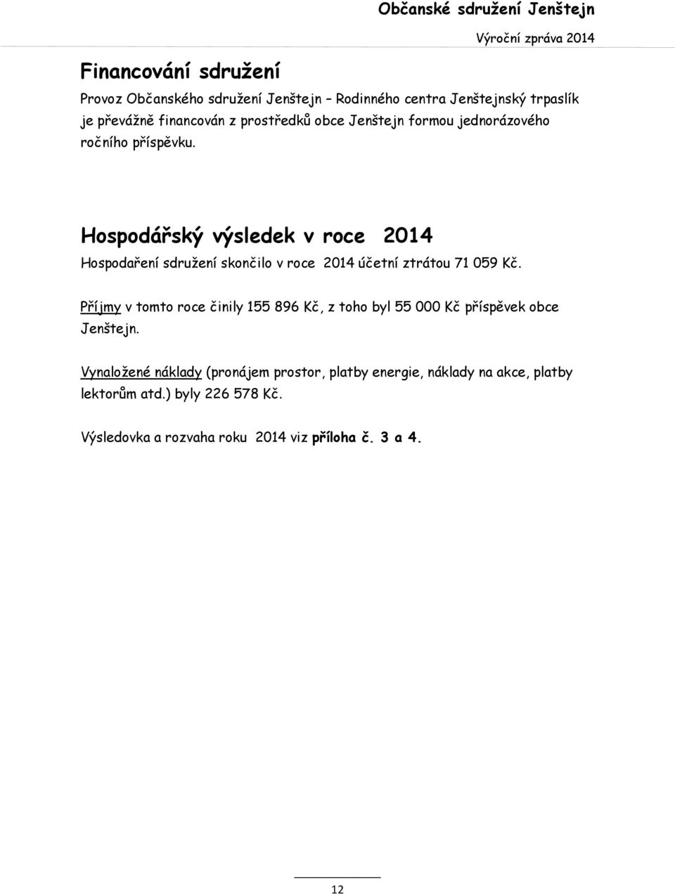 Hospodářský výsledek v roce 2014 Hospodaření sdružení skončilo v roce 2014 účetní ztrátou 71 059 Kč.