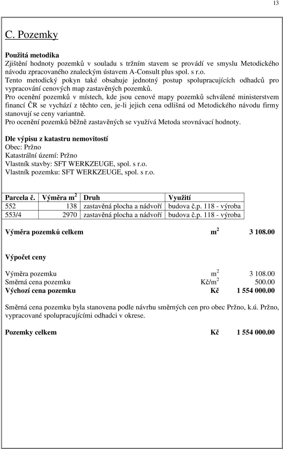 variantně. Pro ocenění pozemků běžně zastavěných se využívá Metoda srovnávací hodnoty. Dle výpisu z katastru nemovitostí Obec: Pržno Katastrální území: Pržno Vlastník stavby: SFT WERKZEUGE, spol. s r.