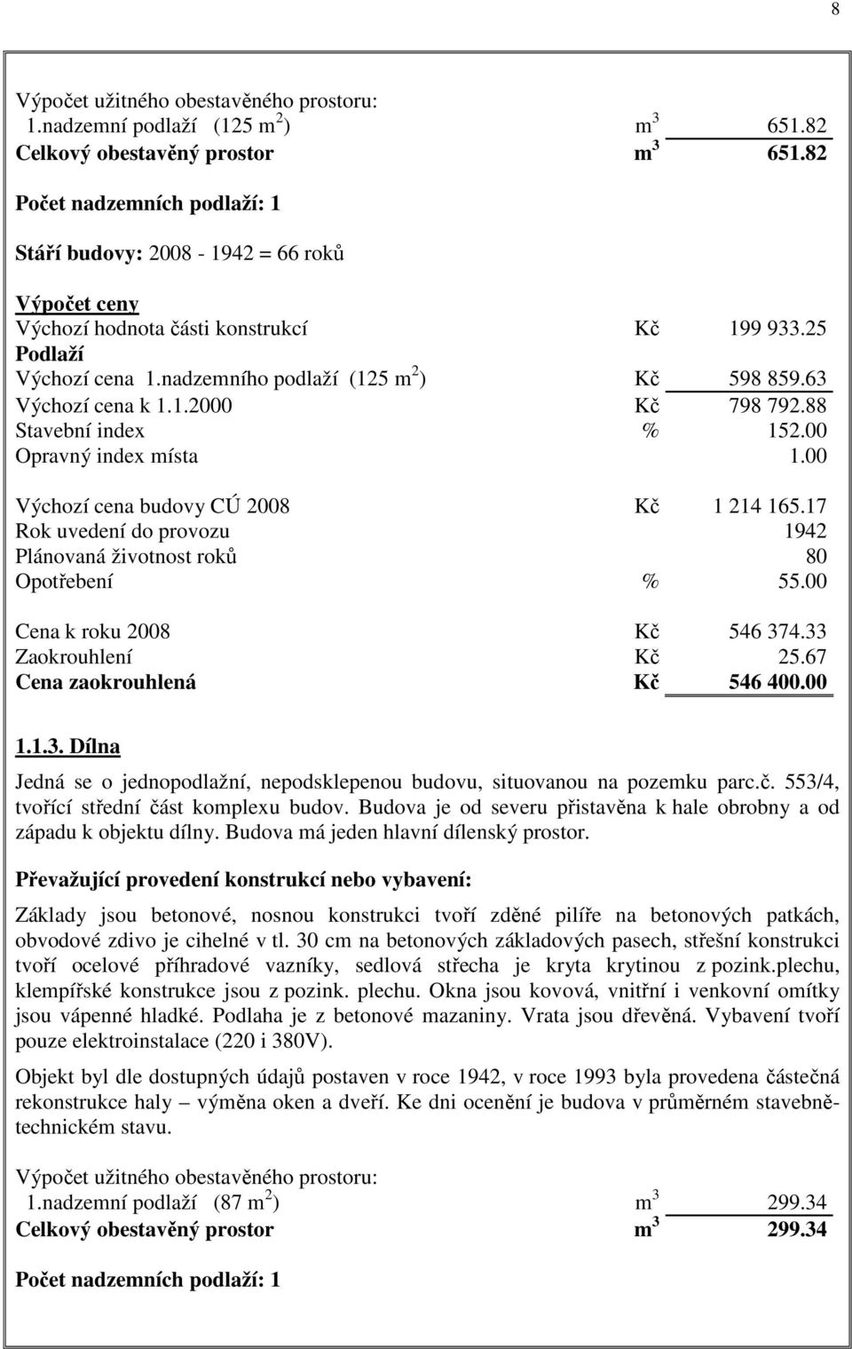 63 Výchozí cena k 1.1.2000 Kč 798 792.88 Stavební index % 152.00 Opravný index místa 1.00 Výchozí cena budovy CÚ 2008 Kč 1 214 165.